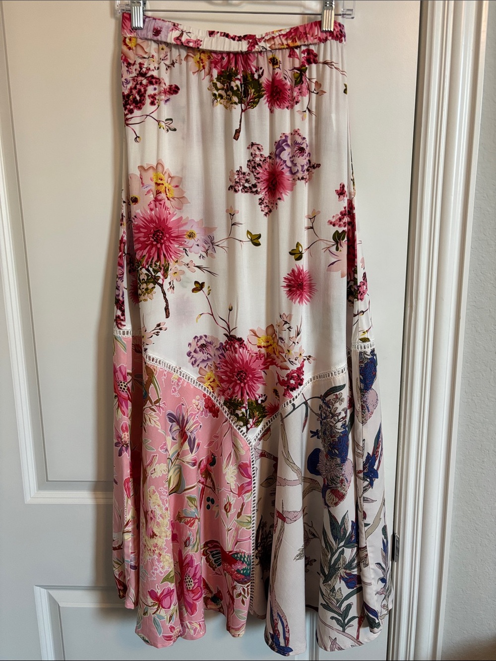 Chelsea Theodore Boho Floral Maxi Skirt in Pink and Cream M (#42S)